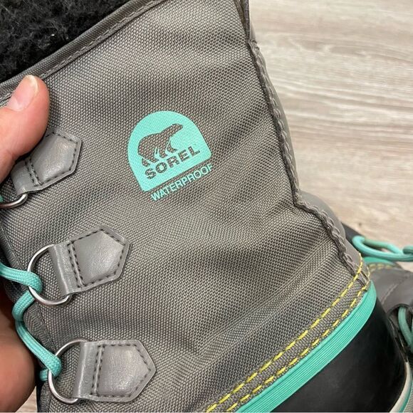 Sorel YOUTH YOOT PAC NYLON BOOT Waterproof Snow Boots in Gray Blue Sherpa Wool - Picture 5 of 12